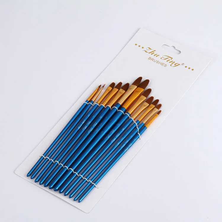 12 PCs Blue Rod Brush Nylon Wool Gouache Brush