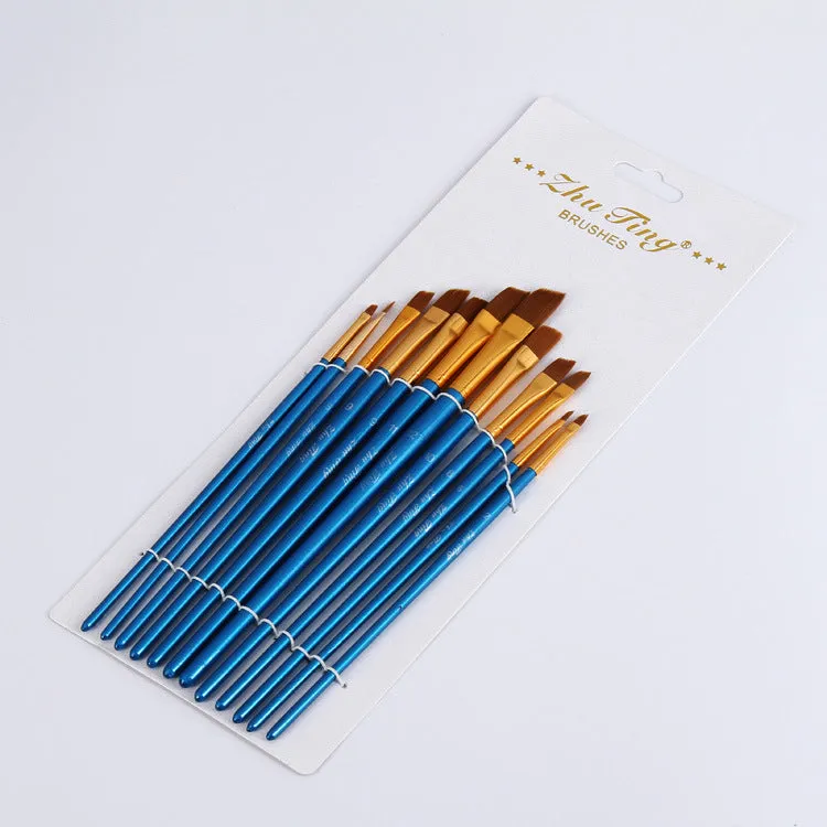 12 PCs Blue Rod Brush Nylon Wool Gouache Brush