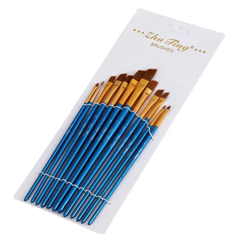 12 PCs Blue Rod Brush Nylon Wool Gouache Brush