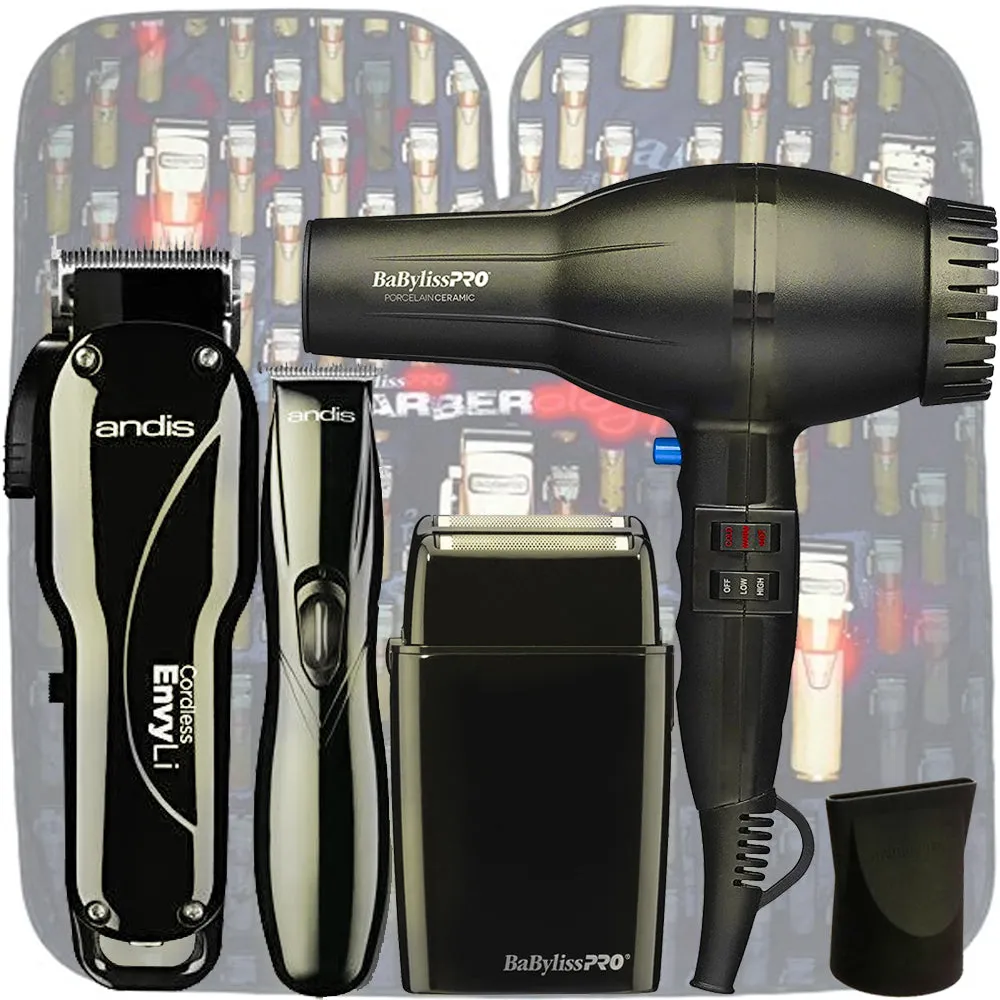 Andis Fade Envy Li Clipper Trimmer Set   Babyliss Double Foil Shaver and 2000 Watt Hair Dryer Professional Barber Combo