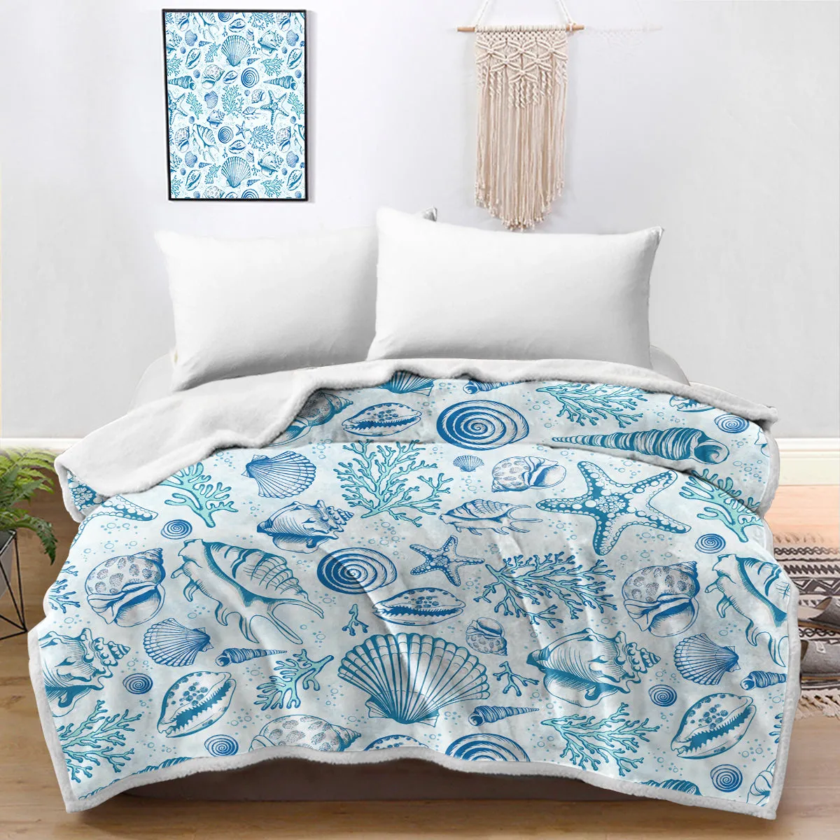 Blue Seashells Soft Sherpa Blanket