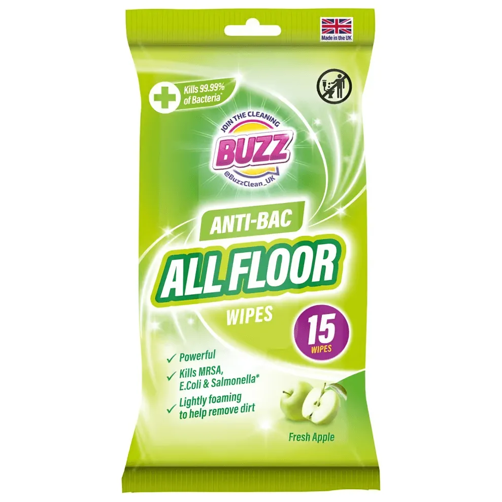 Buzz Antibacterial Large Floor Wipes Apple, 15 Pack