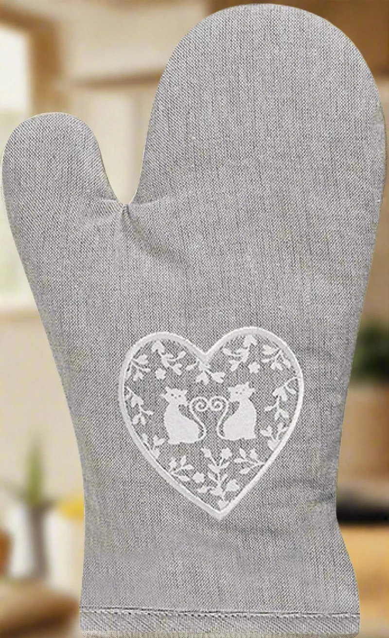 Duo of White Cats in a Heart Tea Towel and Matching Guantlet and Apron - Gift Set