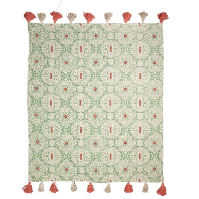 Hand Woven Sage Printed Cotton Throw - 125cm x 150cm