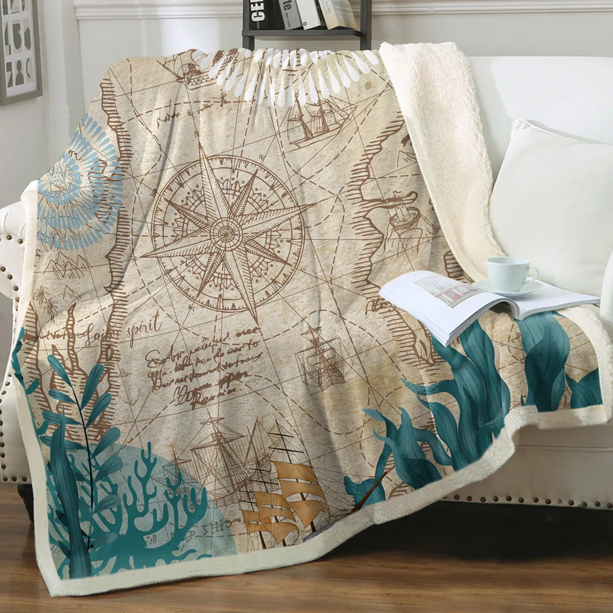 Nautical Compass Rose Soft Sherpa Blanket