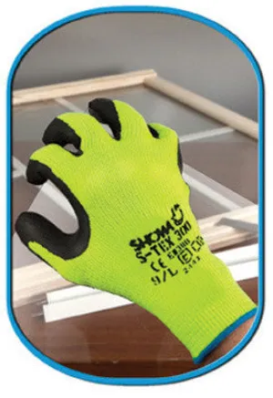 SHOWA Best Glove Size 7 S-TEX 300 Cut Resistant Black Natural Rubber Palm Coated Work Gloves With Seamless Hi-Viz Yellow Hagane Coil Fiber Liner