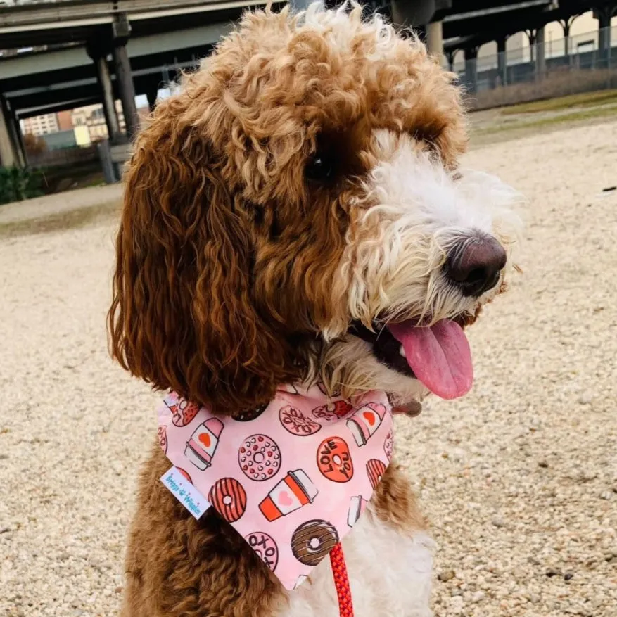 Valentine's Day Donuts & Coffee Dog Bandana - Handmade Pink Design