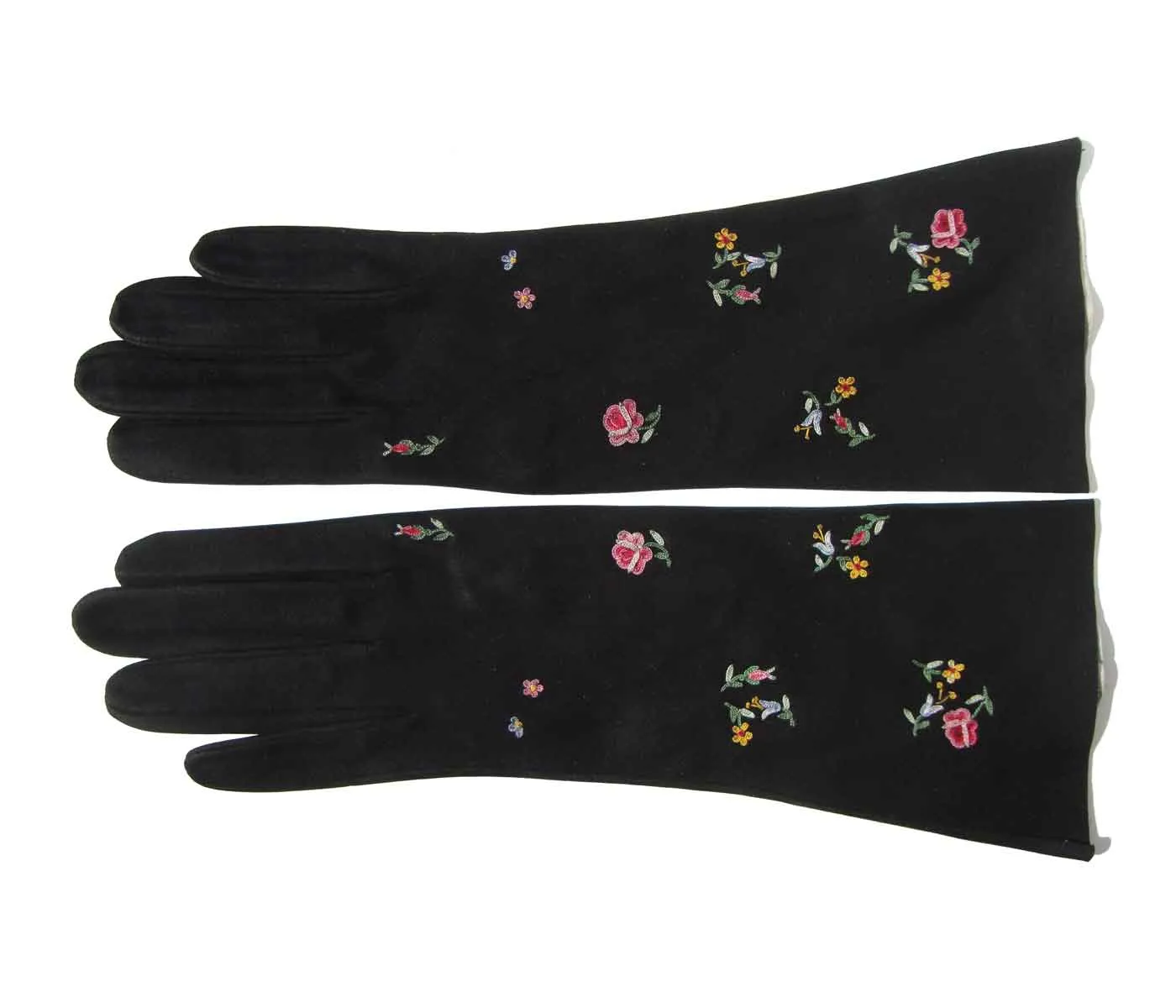 Vintage Black Suede Gloves Point de Beauvais Floral Embroidery Sz 6&3/4